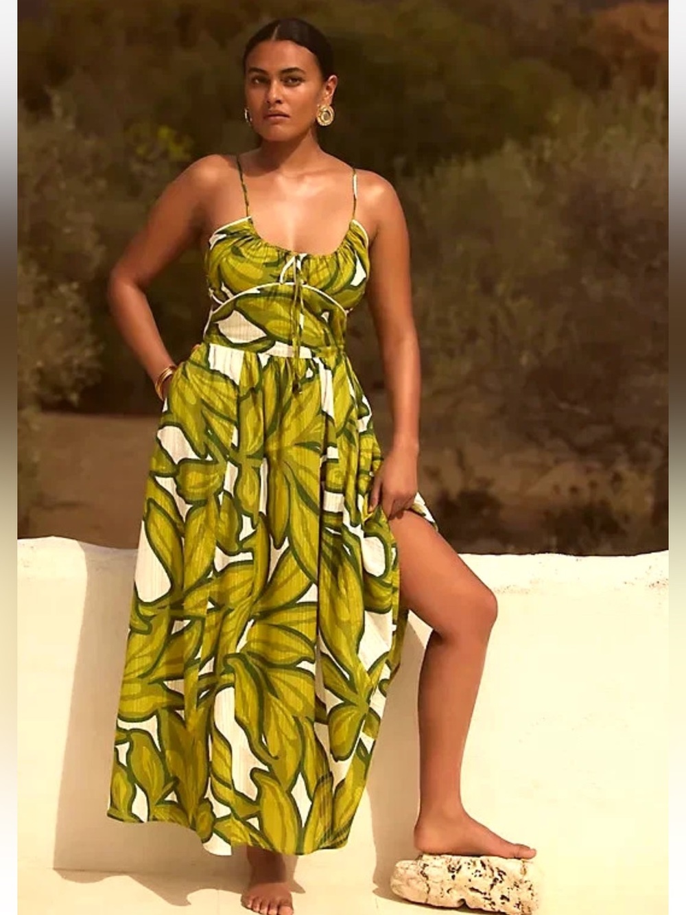 Anthropologie Celandine Scoop-Neck Midi Dress Green Leaf Tropical Print Size L
